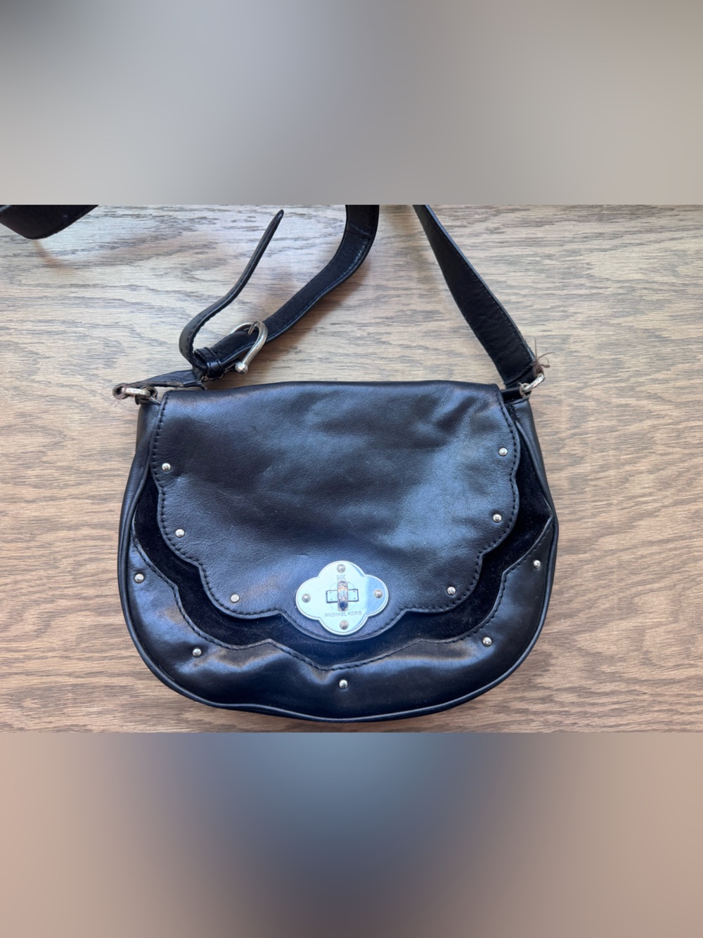 Michael Kors Leather Crossbody Saddle Bag Black Studded